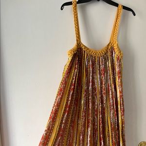 Zara Midi Bohemian Dress, Size L, Yellow/Red/Silver